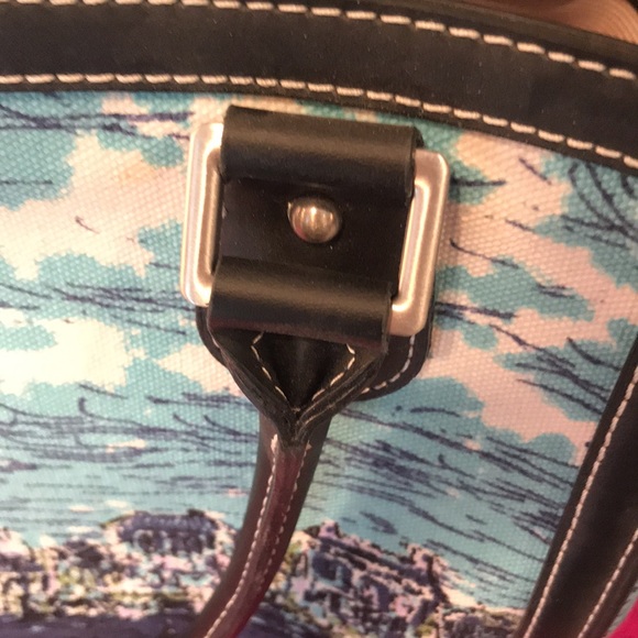 Talbots tote leather trim navy Scene print w/aqua - Picture 7 of 8